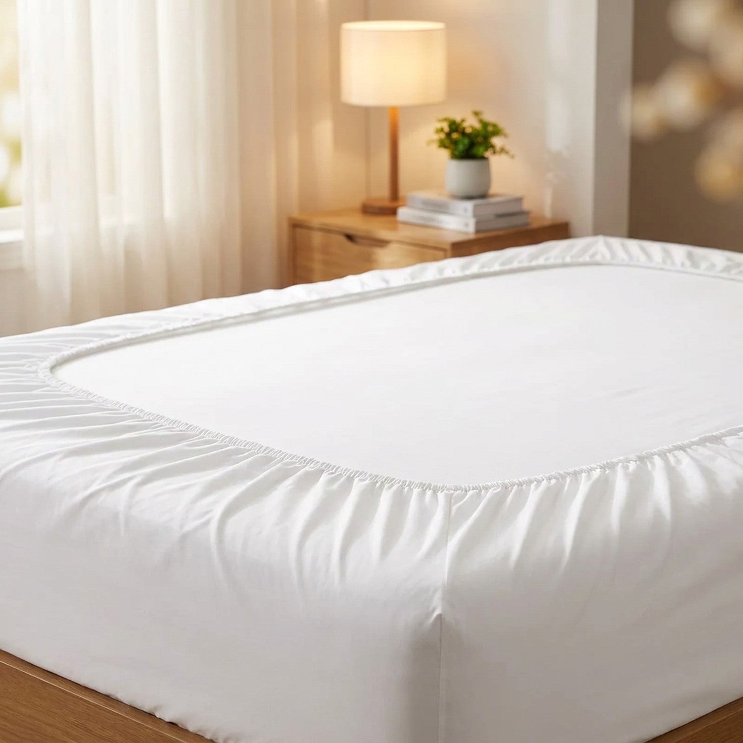 Drap-housse blanc sur un lit dans une chambre moderne avec table de chevet