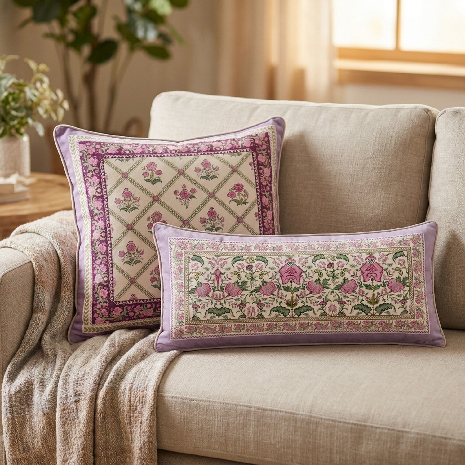 Housses de coussin ivoire et lilas à motif floral indien installées sur un canapé en lin beige avec un plaid