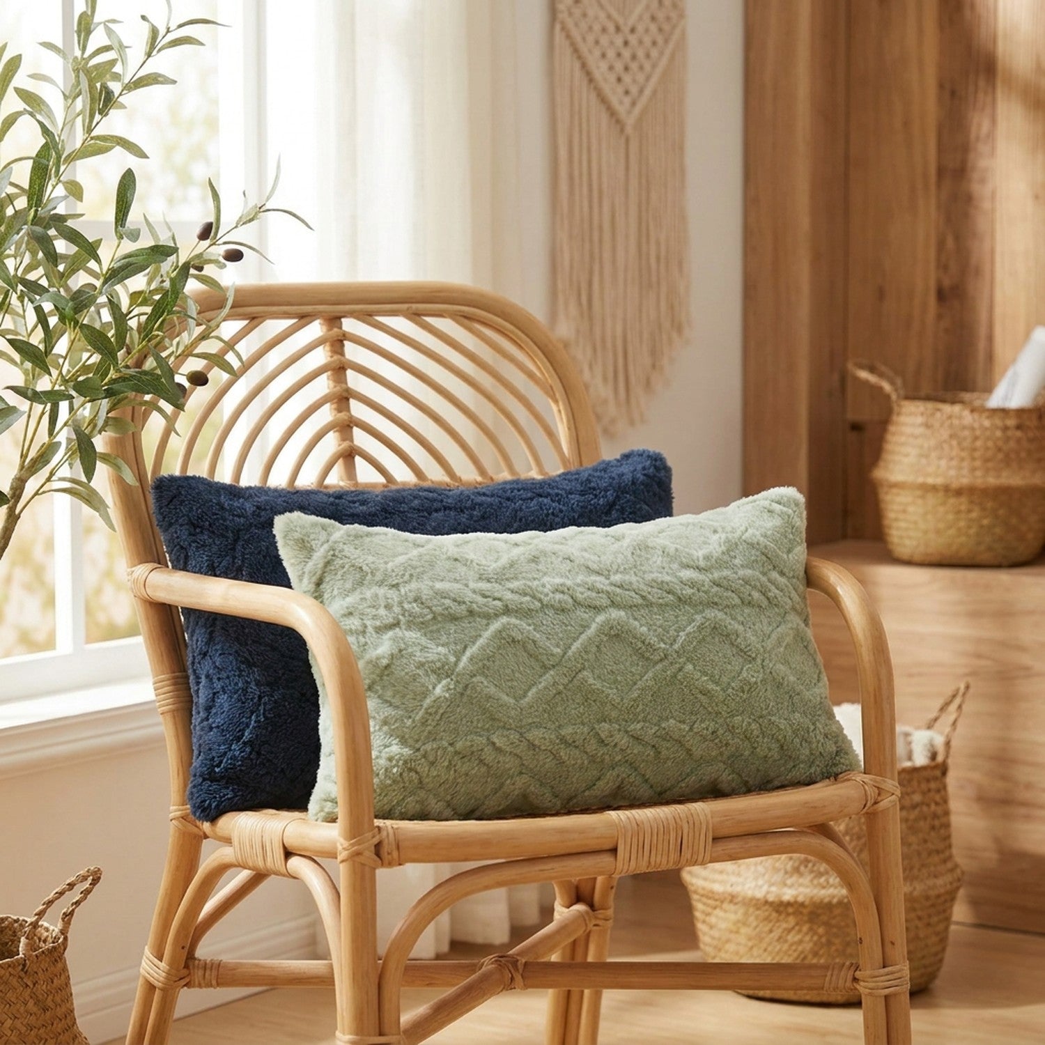Housse de coussin lombaire en peluche sur un fauteuil en rotin près d'une fenêtre avec une plante verte