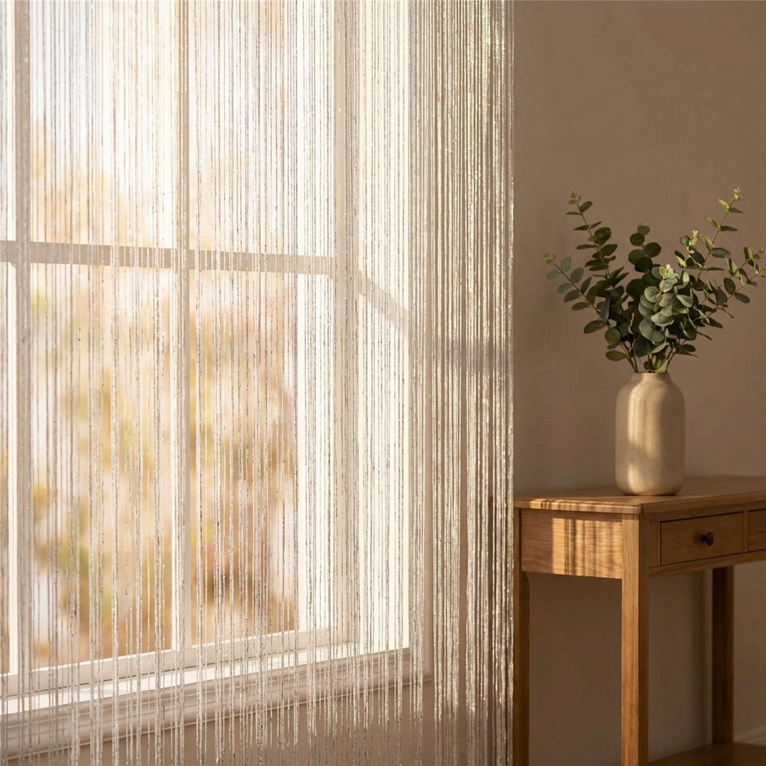 Rideau à fils pailleté devant une grande fenêtre à côté d'un vase d'eucalyptus