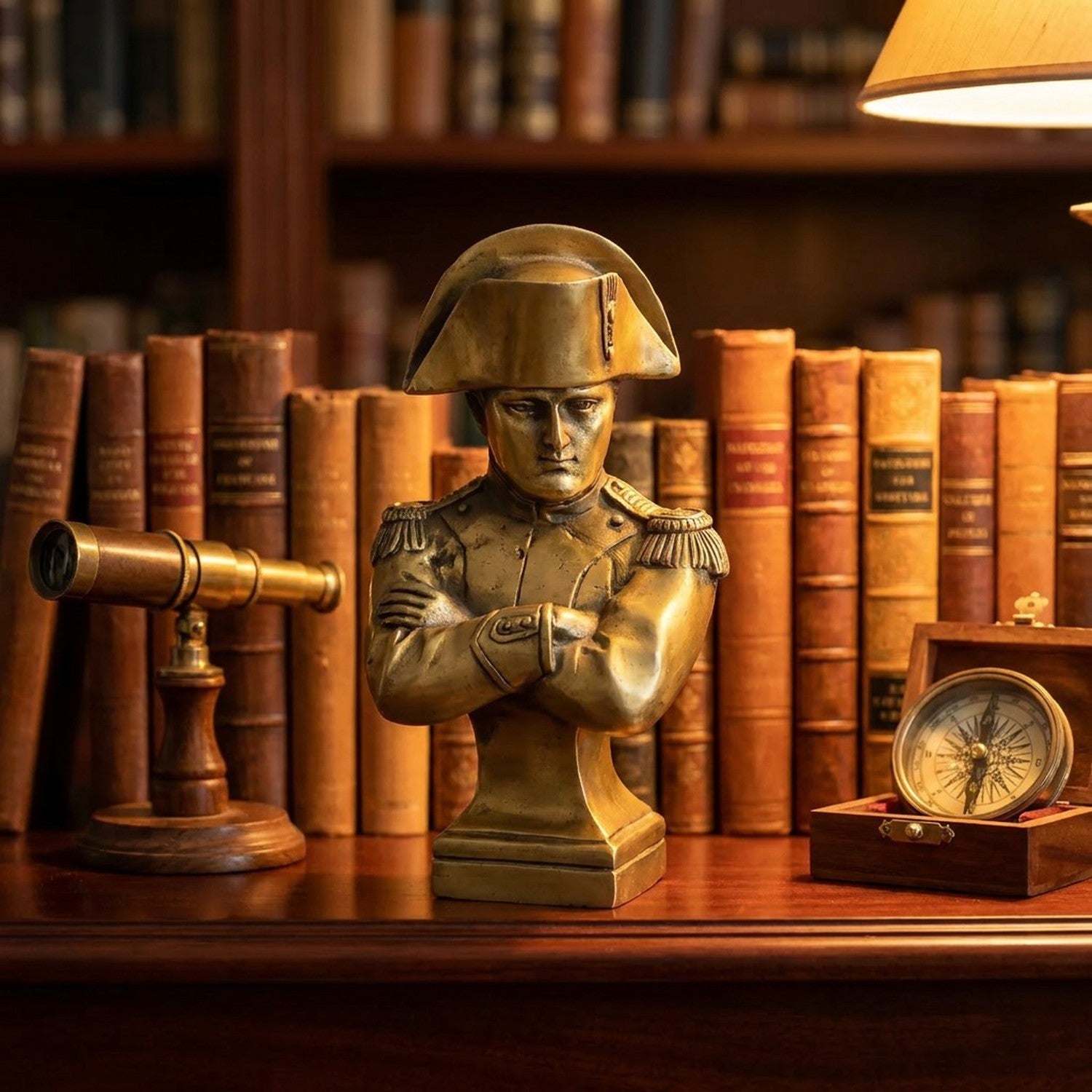 Buste Napoléon bronze sur étagère bibliothèque avec livres vintage et télescope