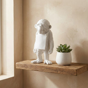 Statuette singe blanc en résine sur étagère en bois avec plante succulente