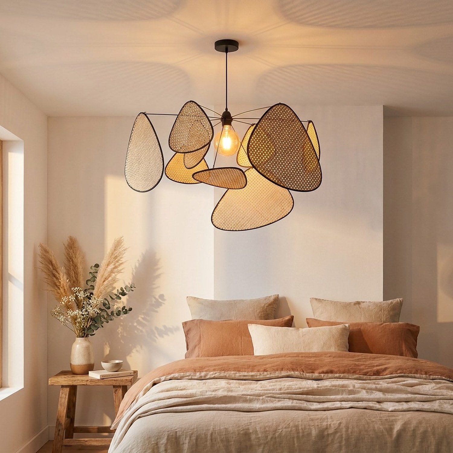 Lustre rotin suspension bohème allumé ambiance chambre