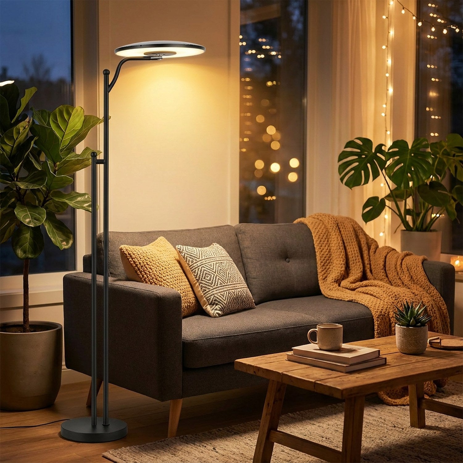 Lampadaire LED noir dans salon chaleureux soirée bokeh