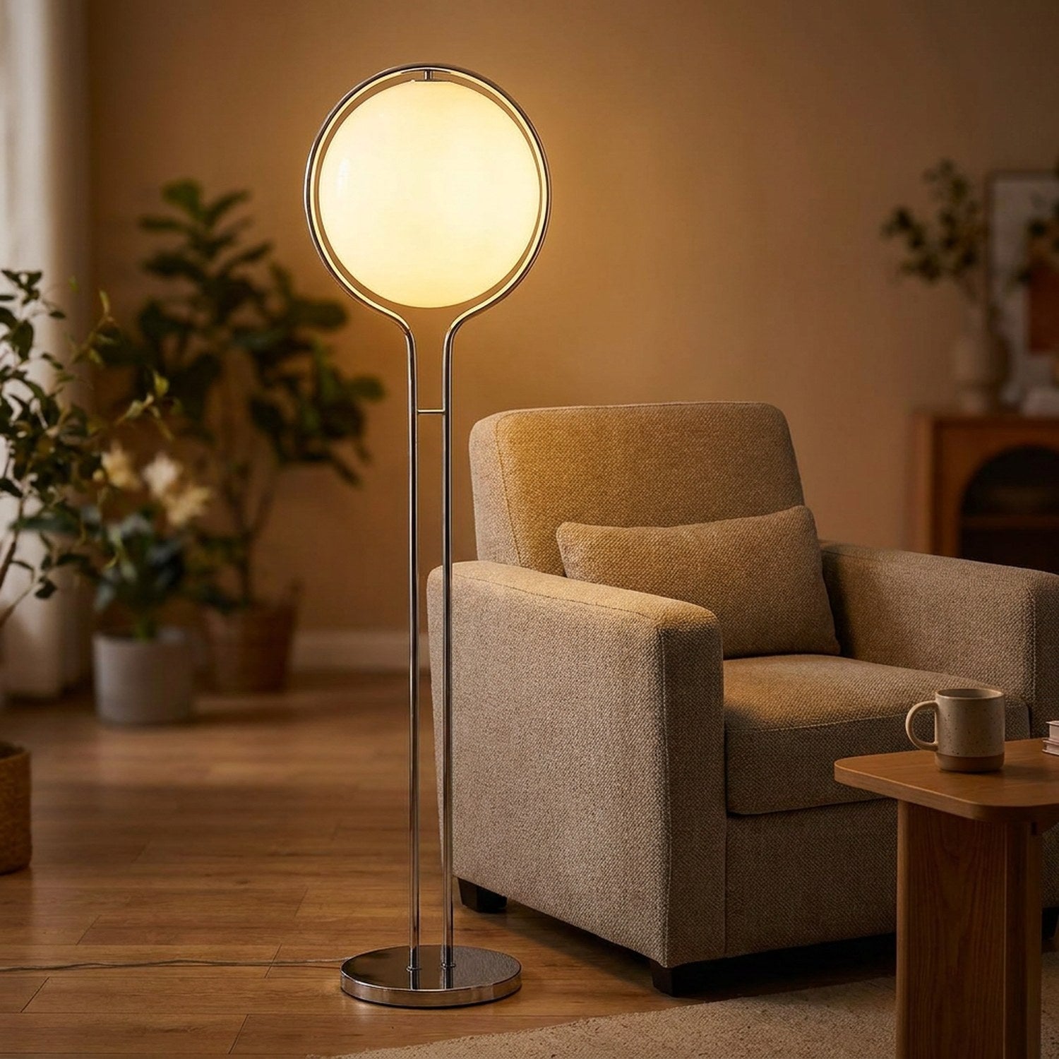 Lampadaire à boule sur socle allumé – ambiance intérieure 1
