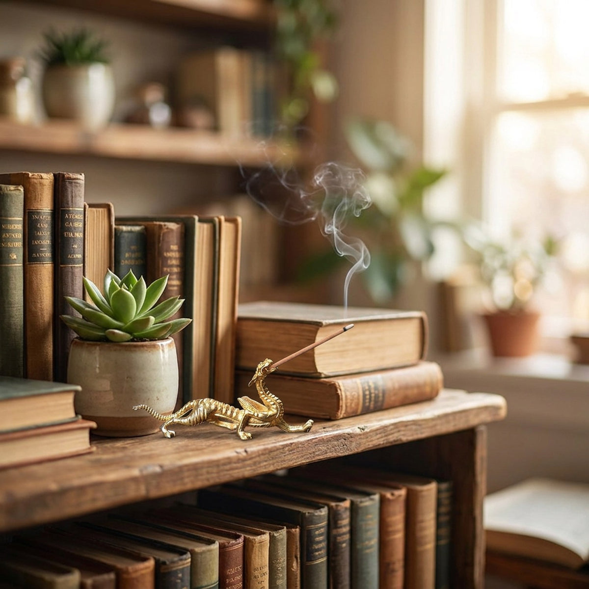 Brûleur d'encens dragon doré sur une étagère en bois parmi des livres et plantes