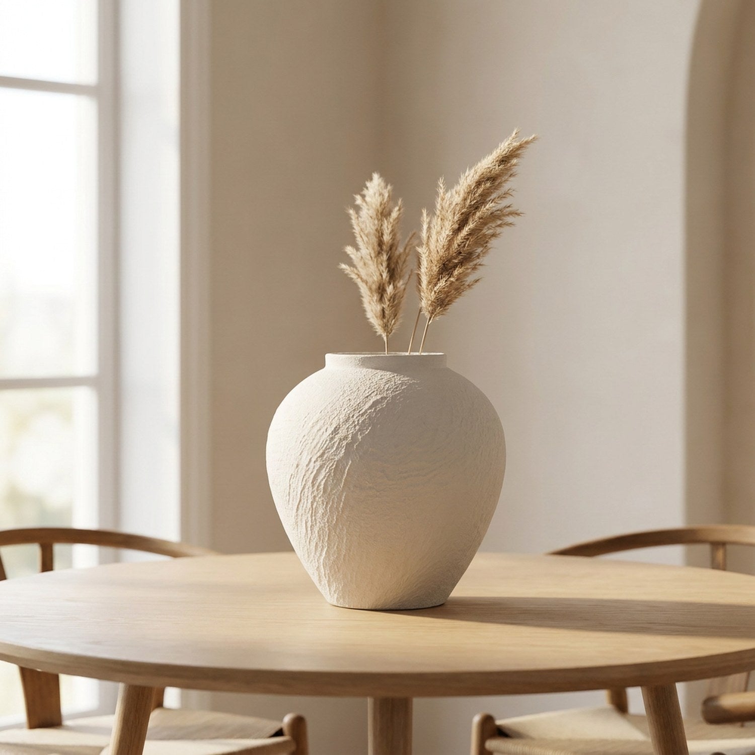 Vase en céramique blanche avec pampas séchées sur une table à manger en bois