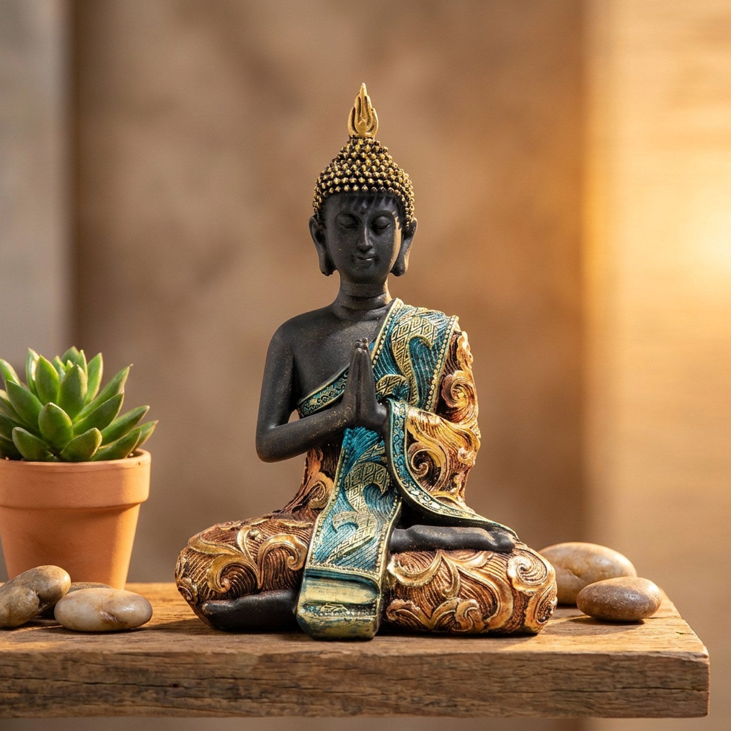 Statue bouddha thaï en résine noire disposée sur une étagère en bois dans une ambiance zen feng shui