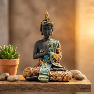 Statue bouddha thaï en résine noire disposée sur une étagère en bois dans une ambiance zen feng shui