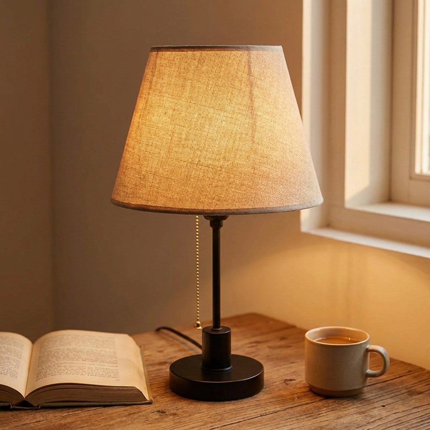 Abat-jour lin naturel allumé sur bureau en bois