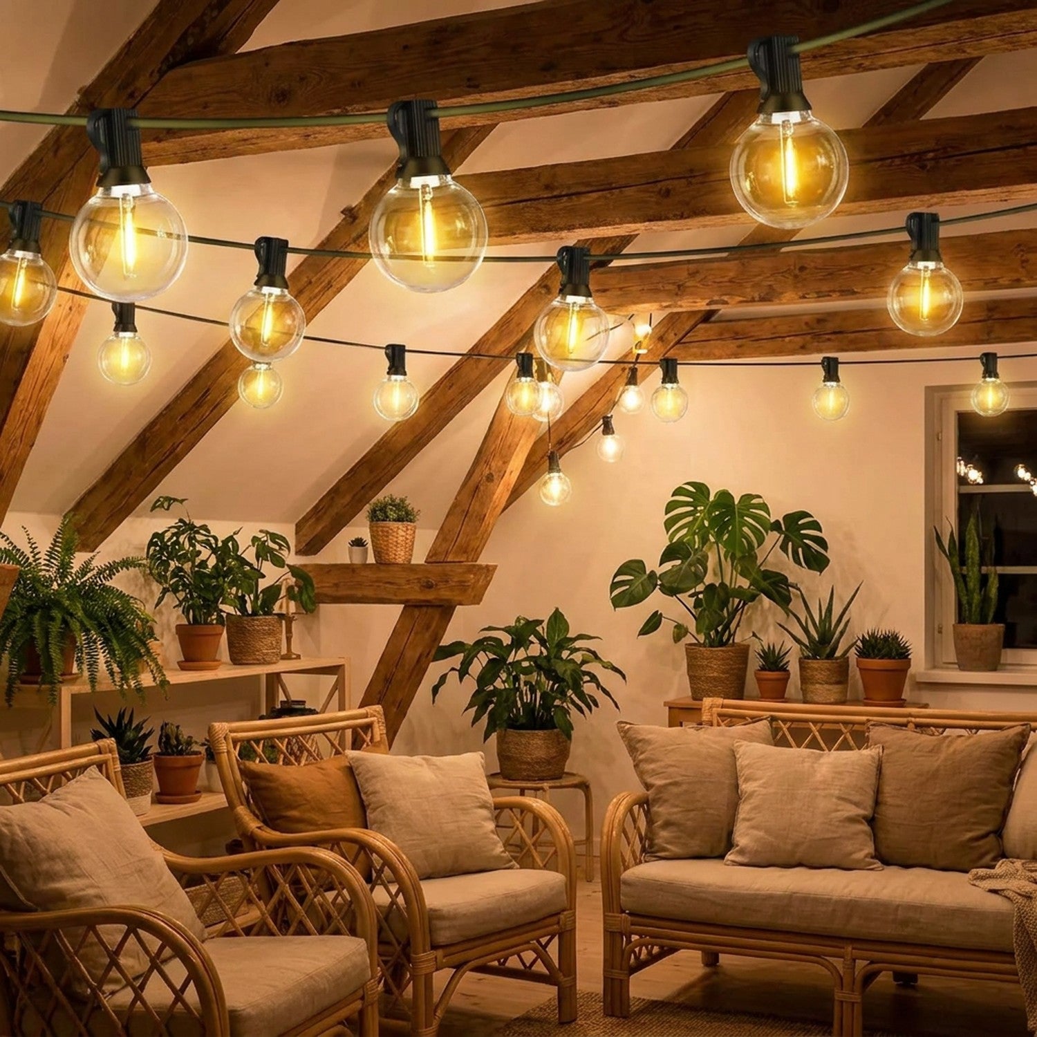 Guirlande lumineuse globe LED G40 suspendue sous poutres bohème avec plantes et rotin