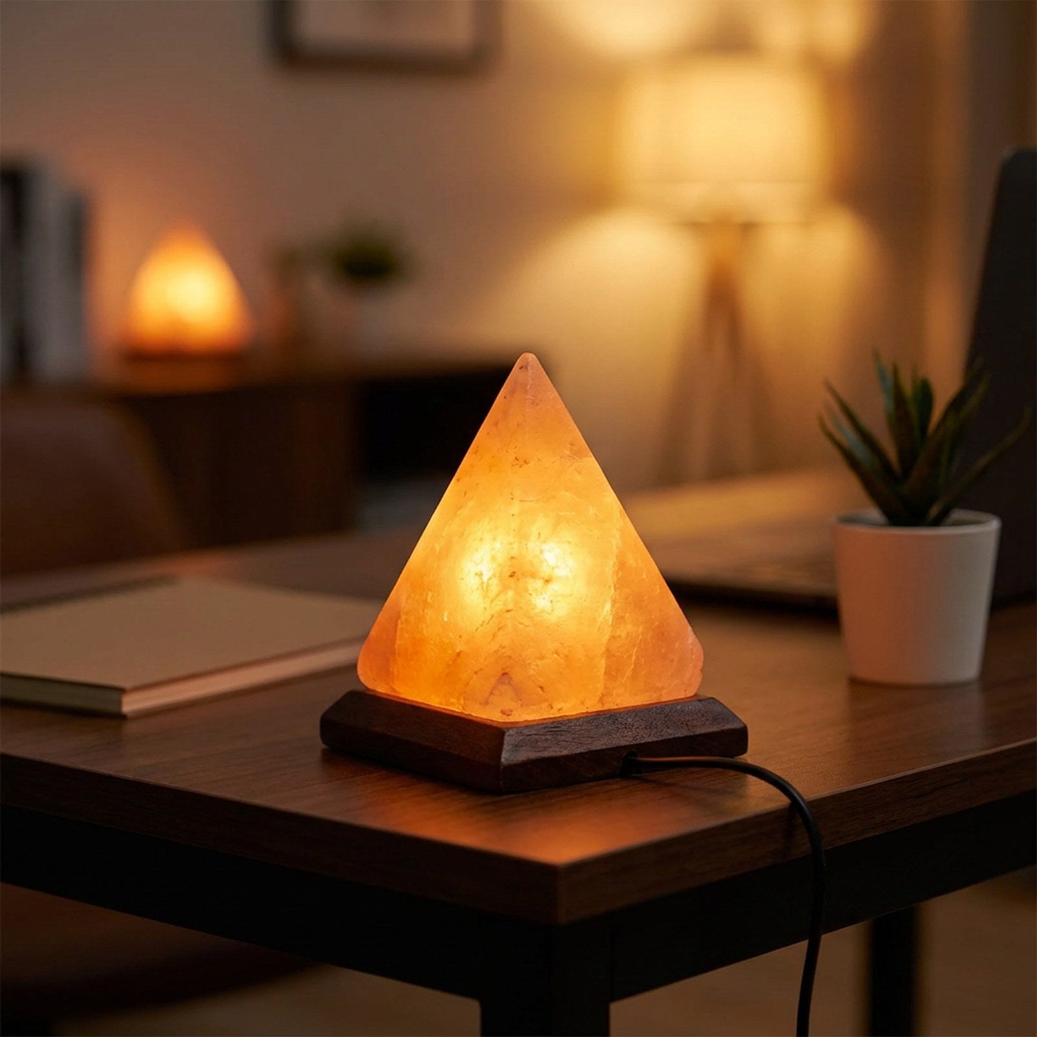 Lampe en sel de l'Himalaya allumée sur un bureau avec une plante verte