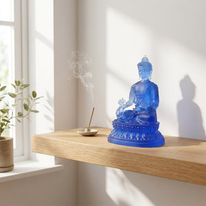 Statuette bouddha bleu sur étagère flottante en bois avec encens, décoration salon zen