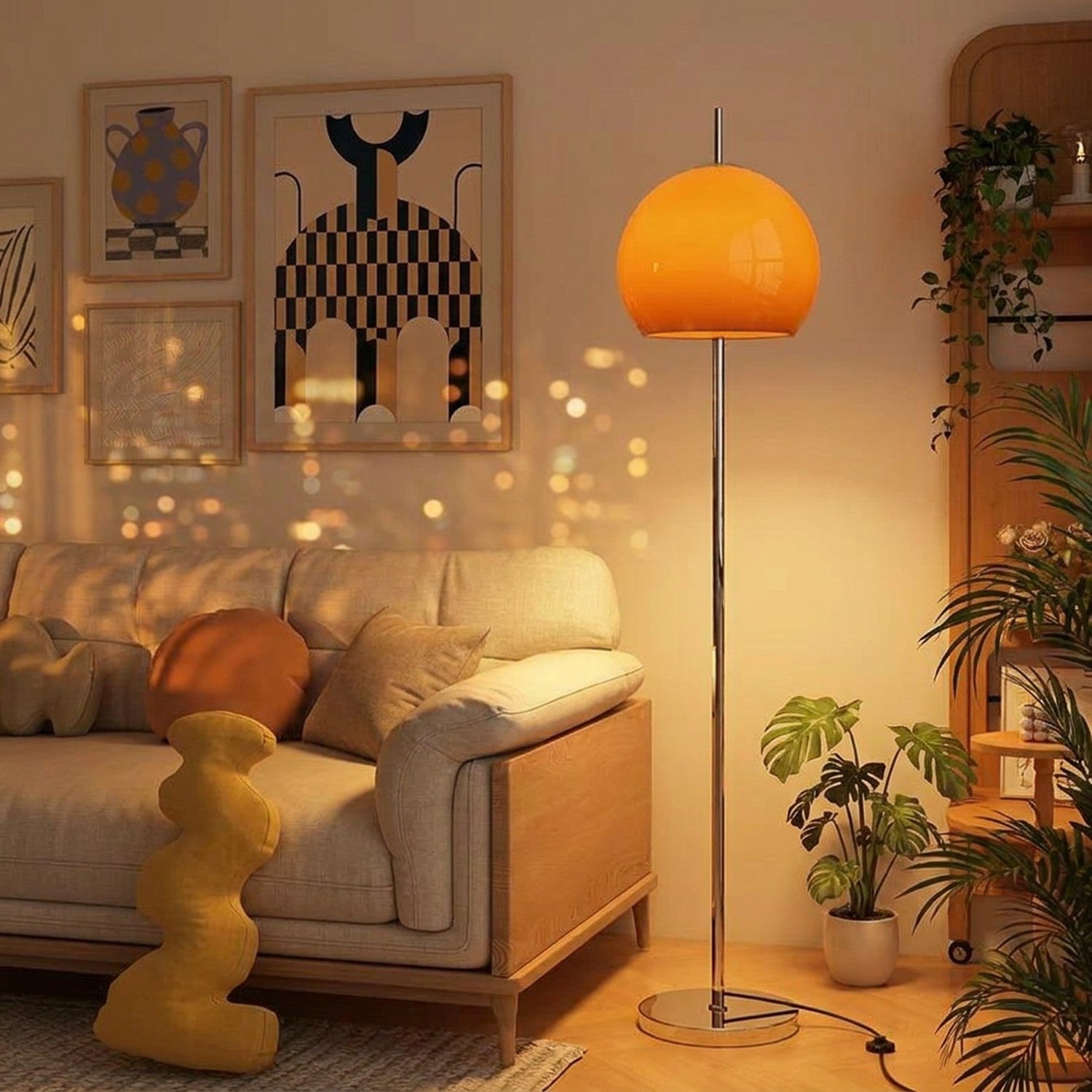 Lampe globe orange allumée dans un salon cosy