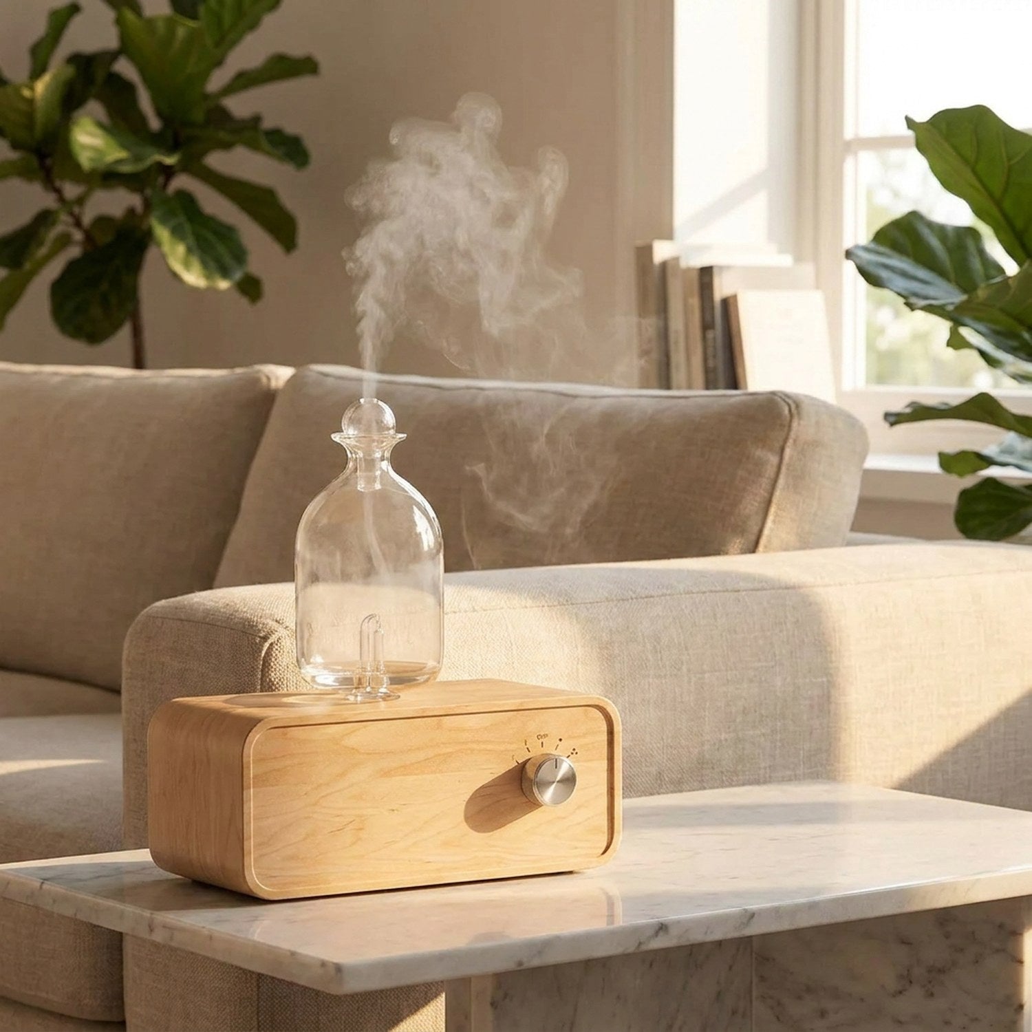 Diffuseur bois et verre table en marbre salon