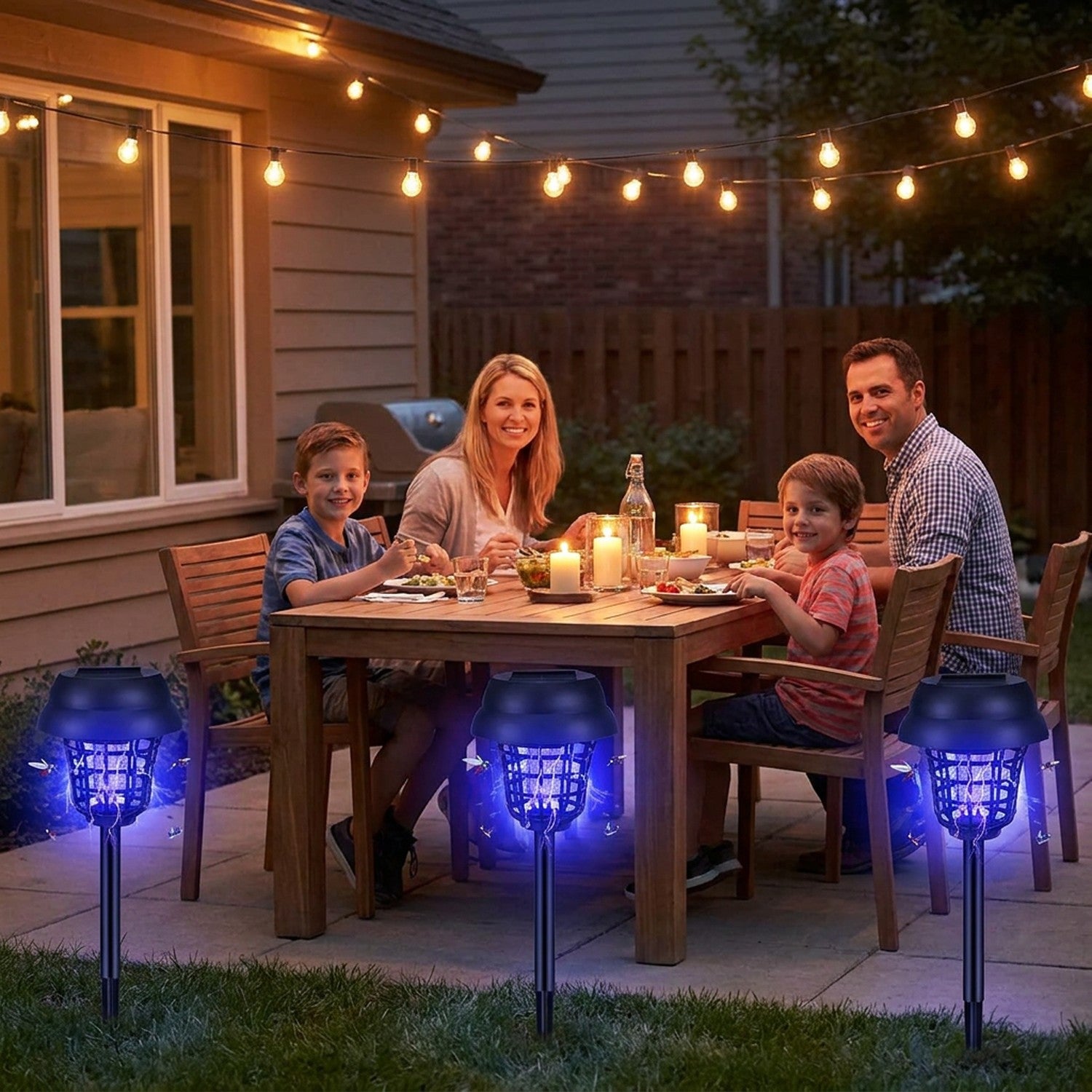 Famille dînant en terrasse le soir entourée de lampes solaires anti-moustiques bleues