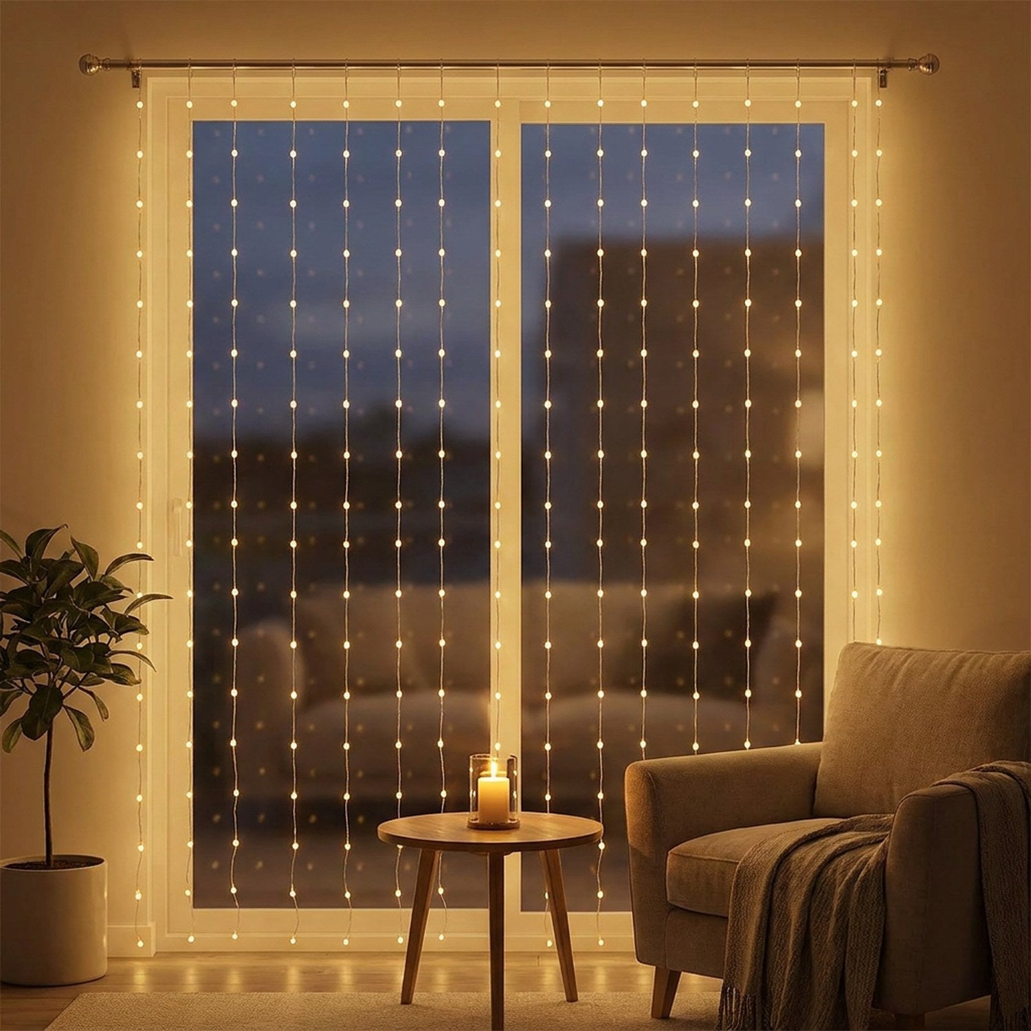 Rideau lumineux LED doré suspendu à une fenêtre de salon avec bougie et plante
