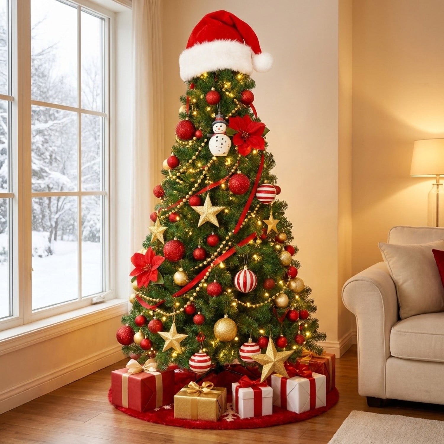 Sapin de Noël artificiel décoré dans un salon chaleureux avec cadeaux au pied et fenêtre enneigée