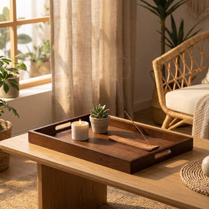 Plateau de service en bambou dans un salon japandi avec bougie et plante succulente