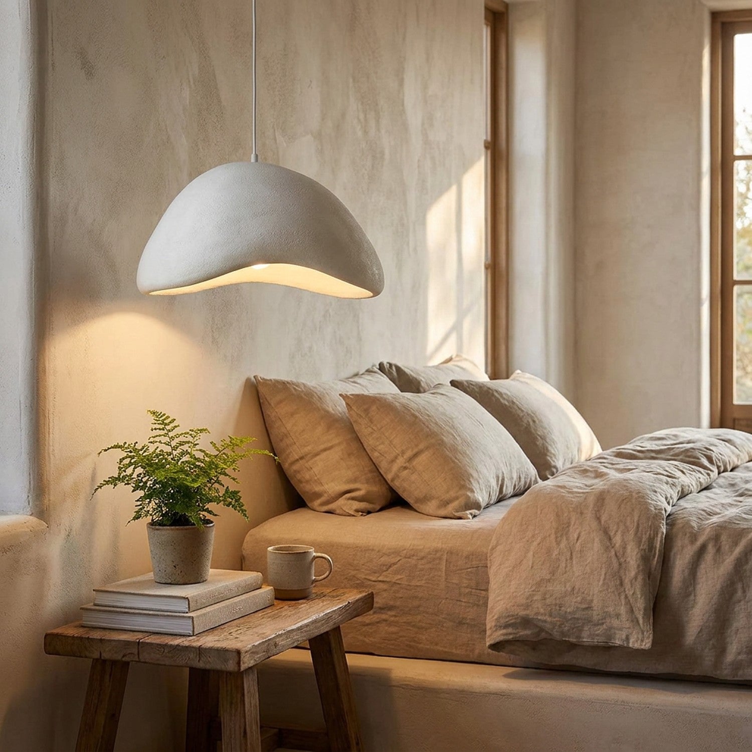 Suspension Wabi Sabi blanche dans une chambre minimaliste Japandi