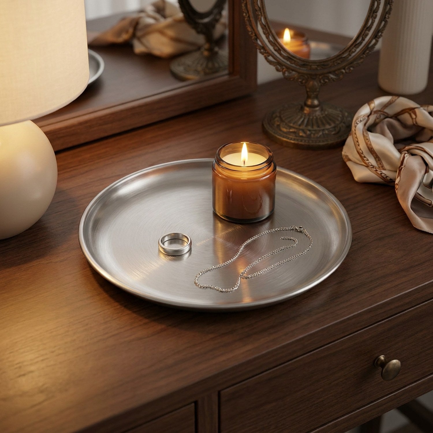 Lot de 3 plateaux ronds miroir argentés avec bougies et fleurs séchées