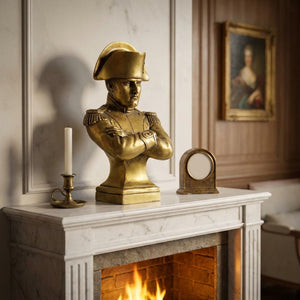Buste Napoléon bronze doré sur manteau de cheminée en marbre dans salon élégant