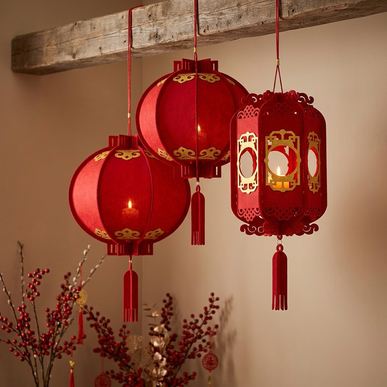Collection de lanternes chinoises rouges suspendues décoration Nouvel An chinois avec orangers et bougies dorées