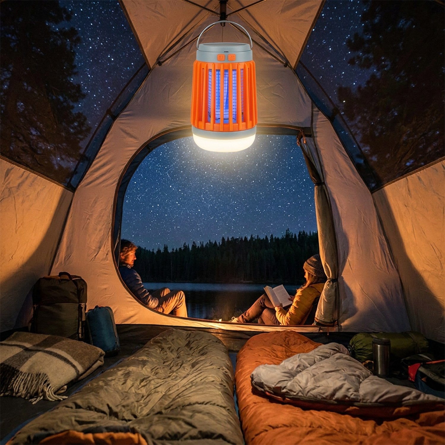Lampe camping UV anti-moustiques orange suspendue dans une tente la nuit étoilée
