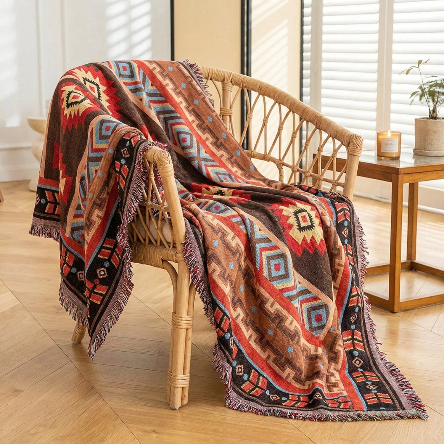 Couvre-lit amérindien aztèque drapé sur un fauteuil en osier avec bougie et plante