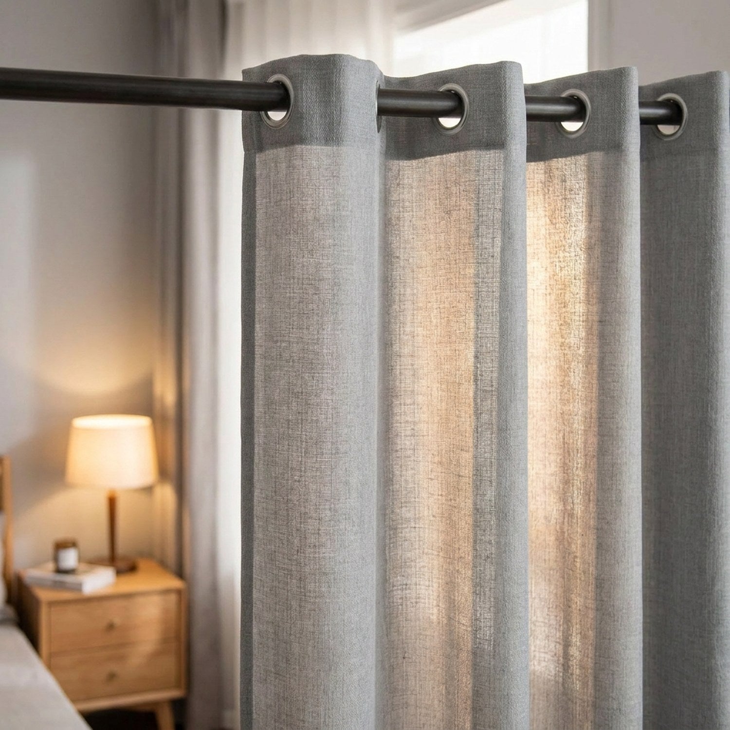 Détail des œillets du rideau gris dans une chambre cosy