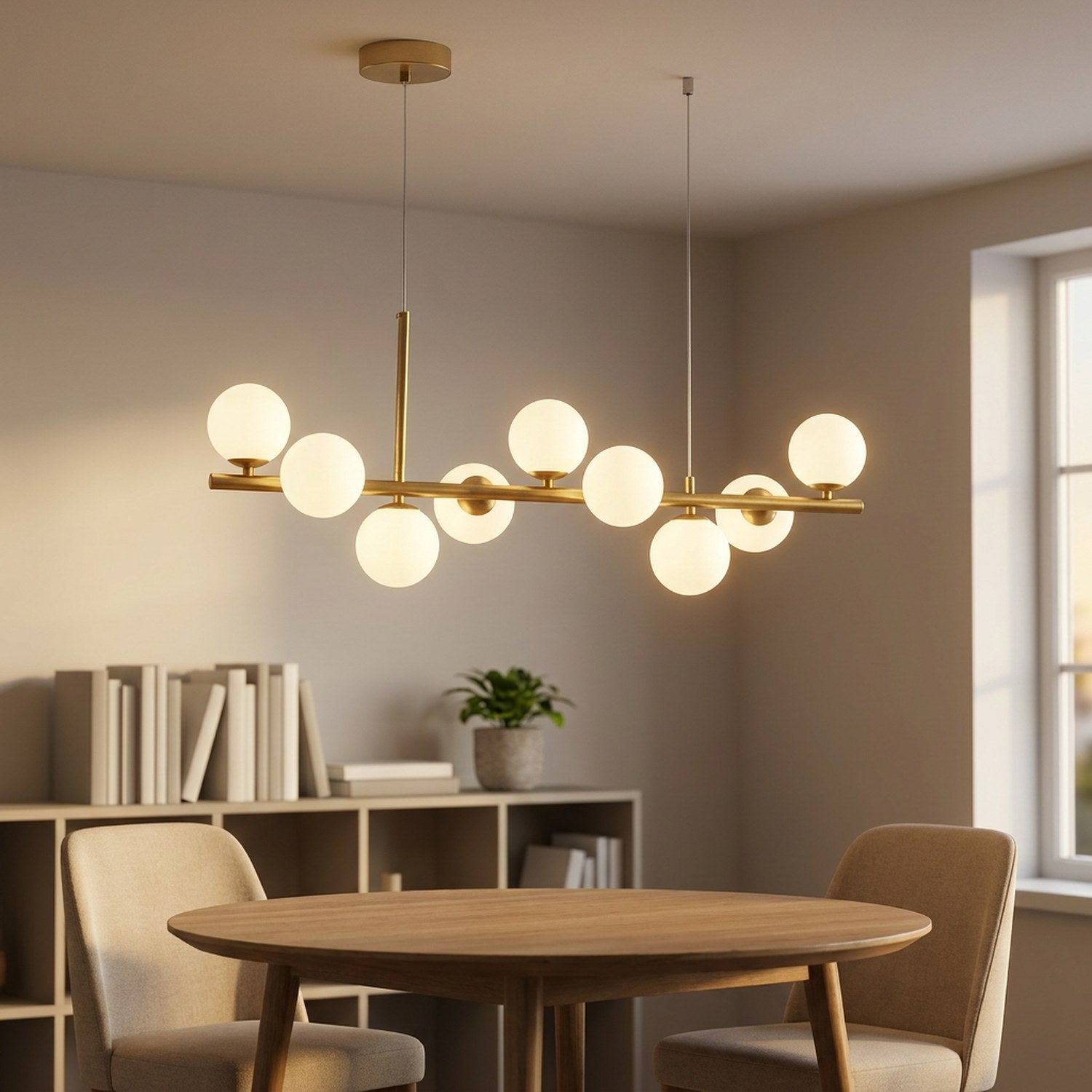 Lustre doré dans un coin salle à manger chaleureux avec bibliothèque basse