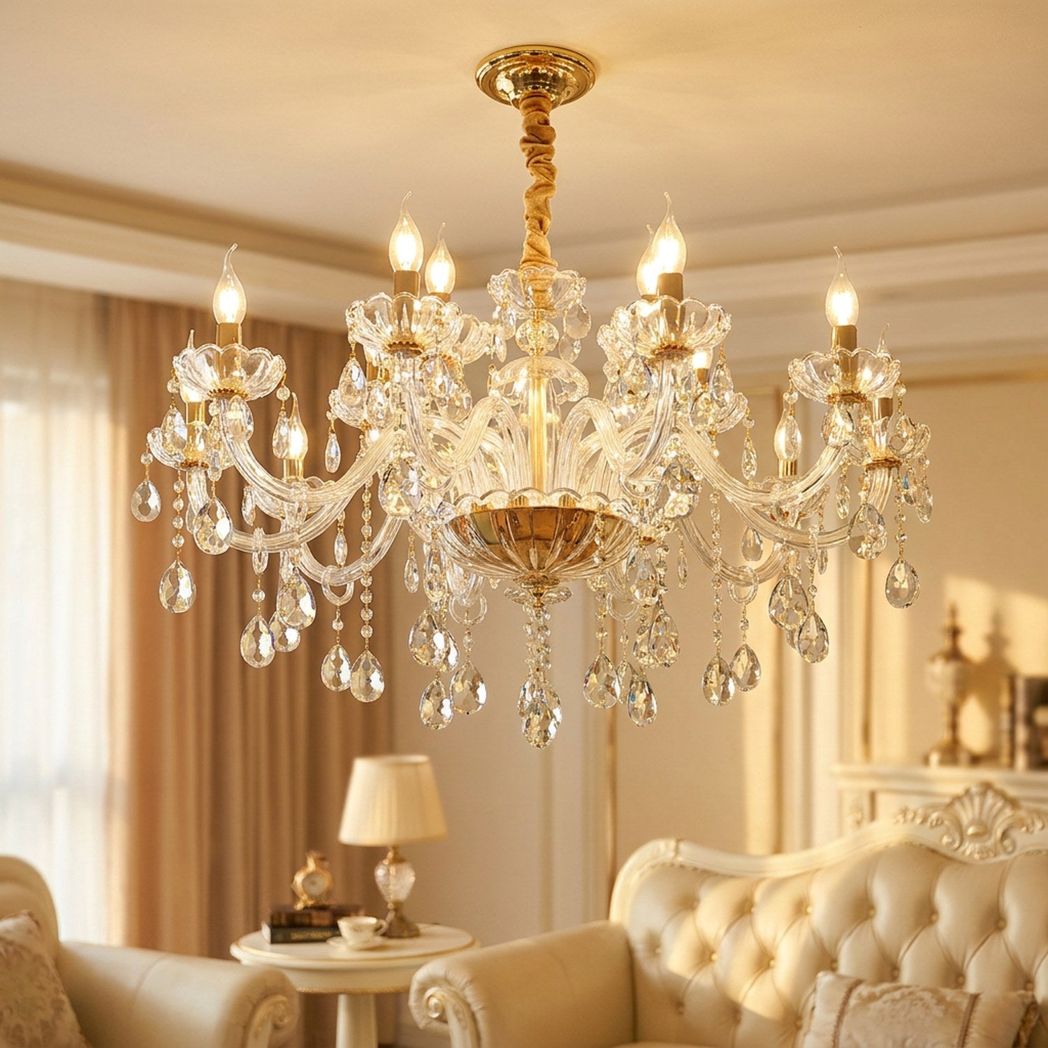 Lustre baroque en cristal doré dans un salon raffiné avec canapé capitonné