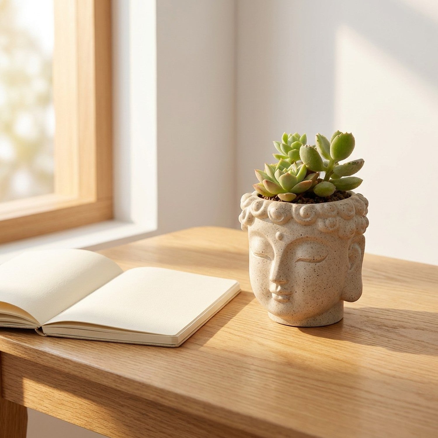 Pot de fleurs bouddha beige sur bureau en bois avec carnet et succulente