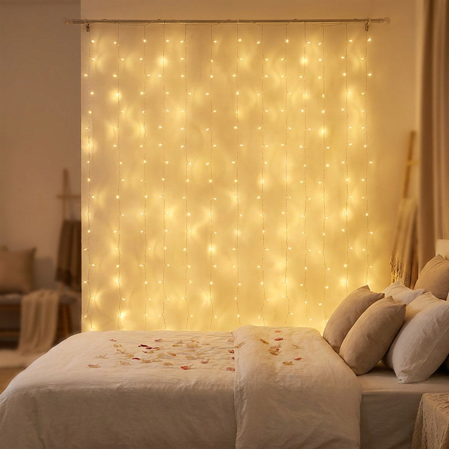 Rideau lumineux LED doré derrière un lit dans une ambiance romantique avec pétales
