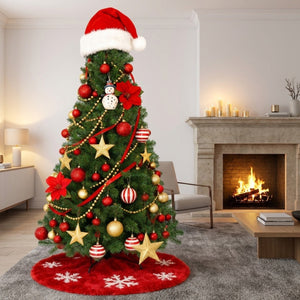 Sapin de Noël artificiel décoré dans un salon moderne avec cheminée allumée