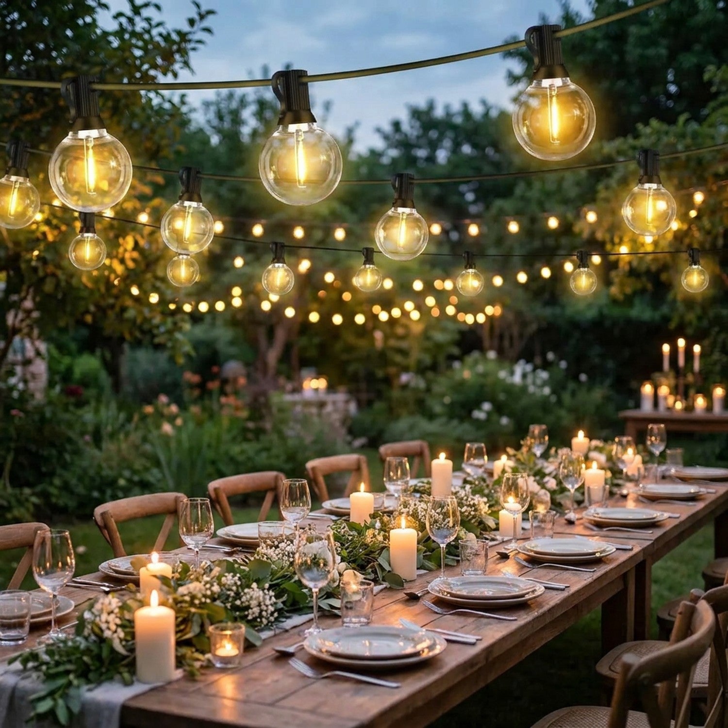 Guirlande lumineuse guinguette extérieure au-dessus d'une table de jardin décoration mariage