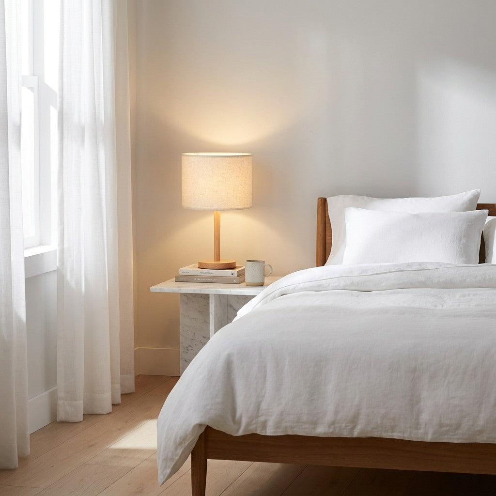 Abat-jour tambour en lin sur lampe de chevet dans une chambre sereine