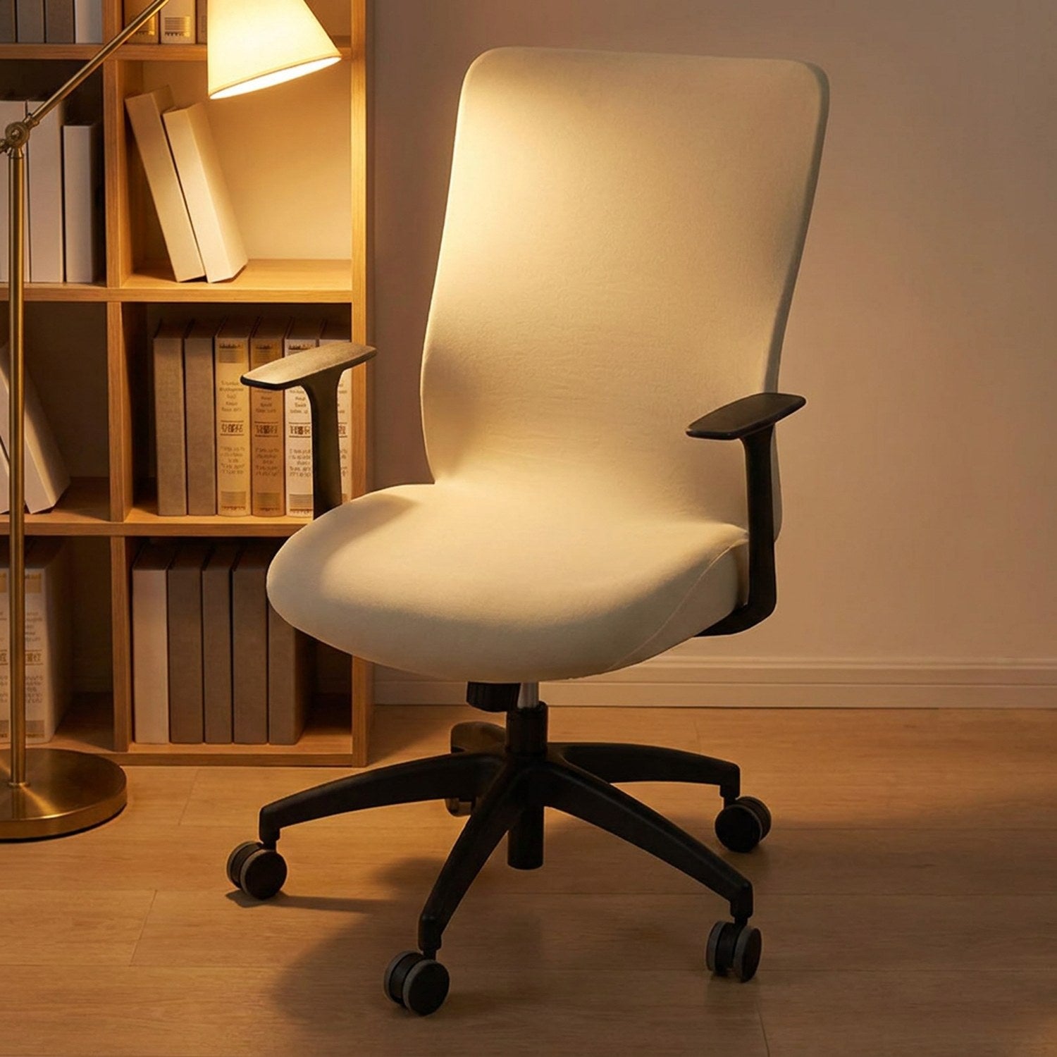 Housse de chaise de bureau beige dans un coin bureau cosy avec bibliothèque et lampe chaude