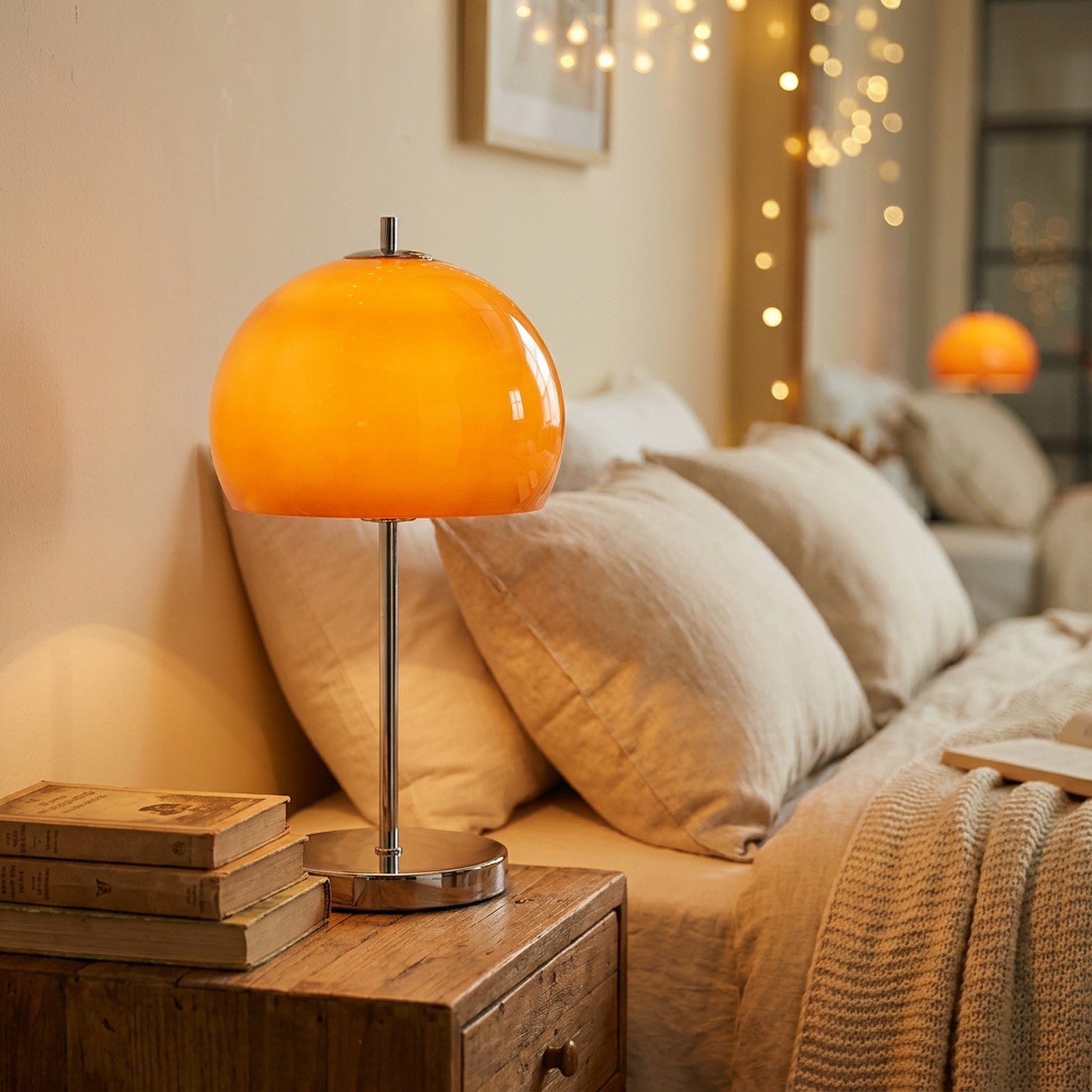 Lampe globe orange sur table de nuit chambre