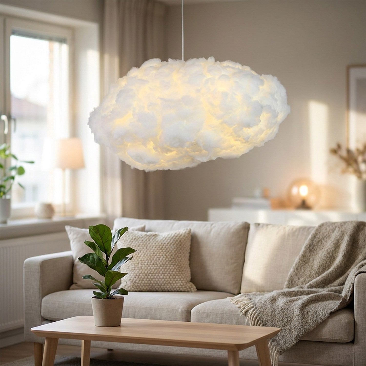 Suspension nuage au-dessus d'un salon scandinave