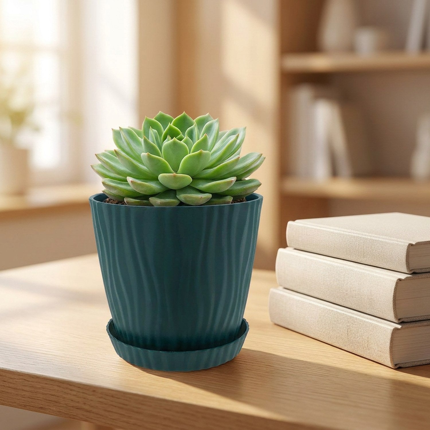 Cache-pot PP vert foncé avec succulent posé sur un bureau en bois, ambiance bureau à domicile