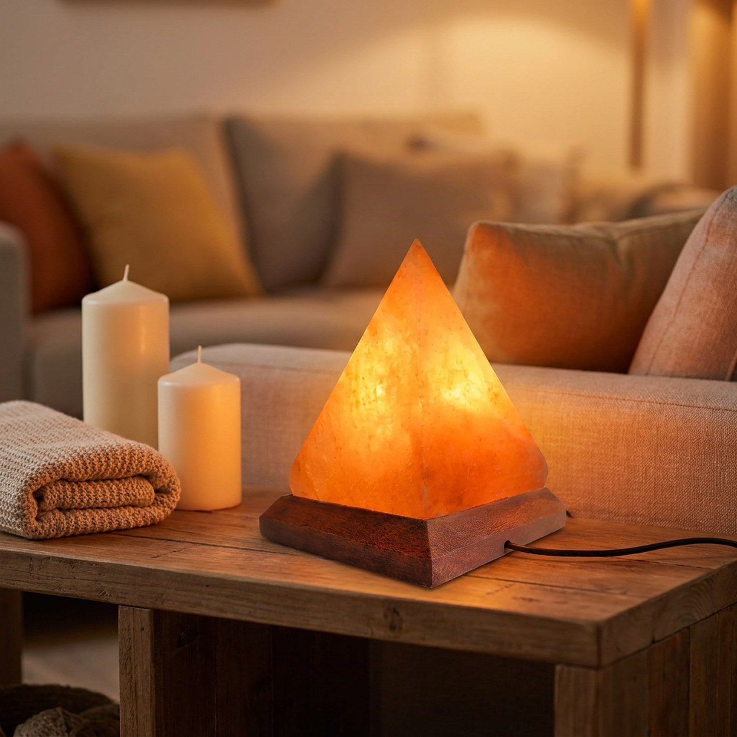 Lampe en sel de l'Himalaya allumée sur une table basse avec bougies et plaid
