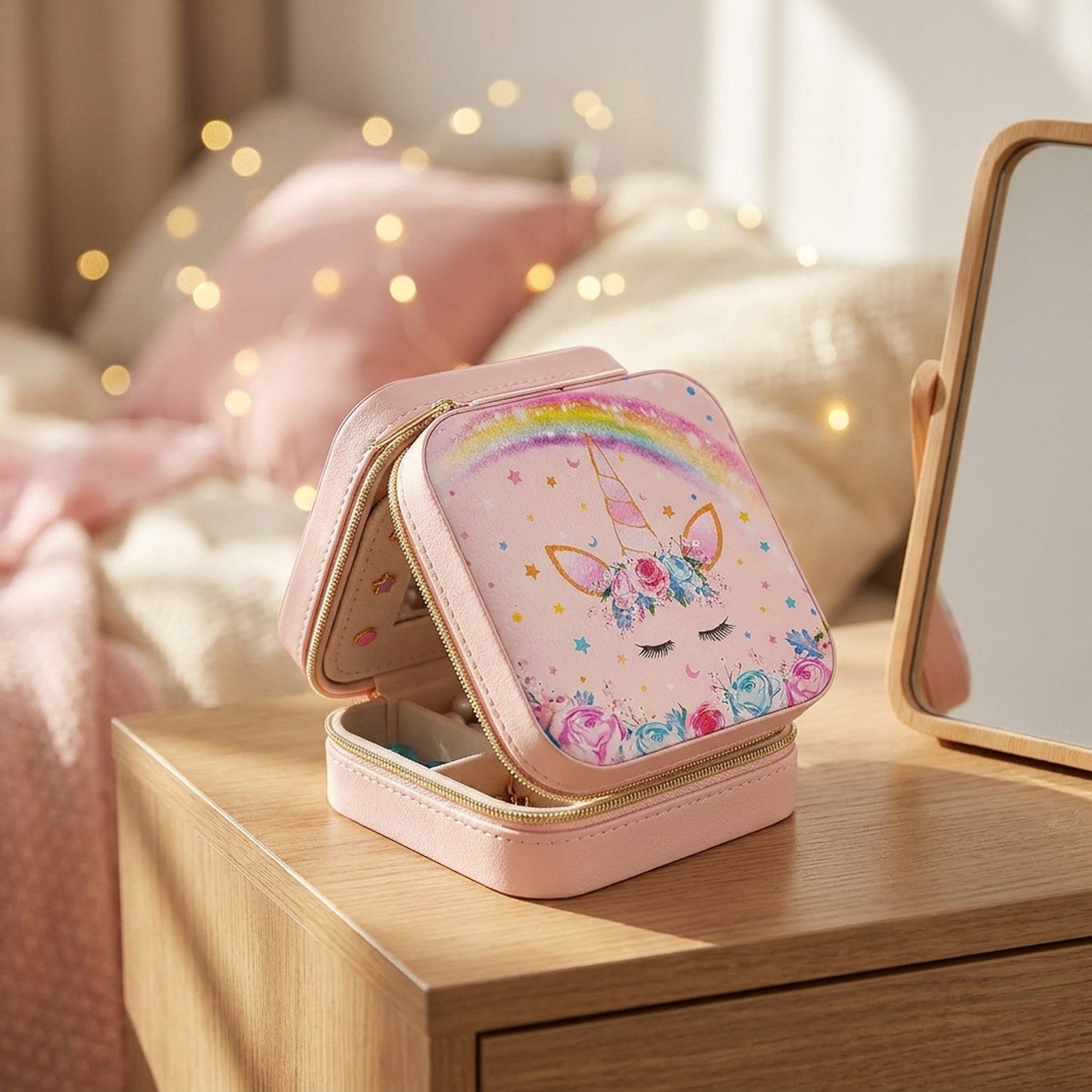 Boîte à bijoux licorne rose sur coiffeuse avec fairy lights dans chambre de fille