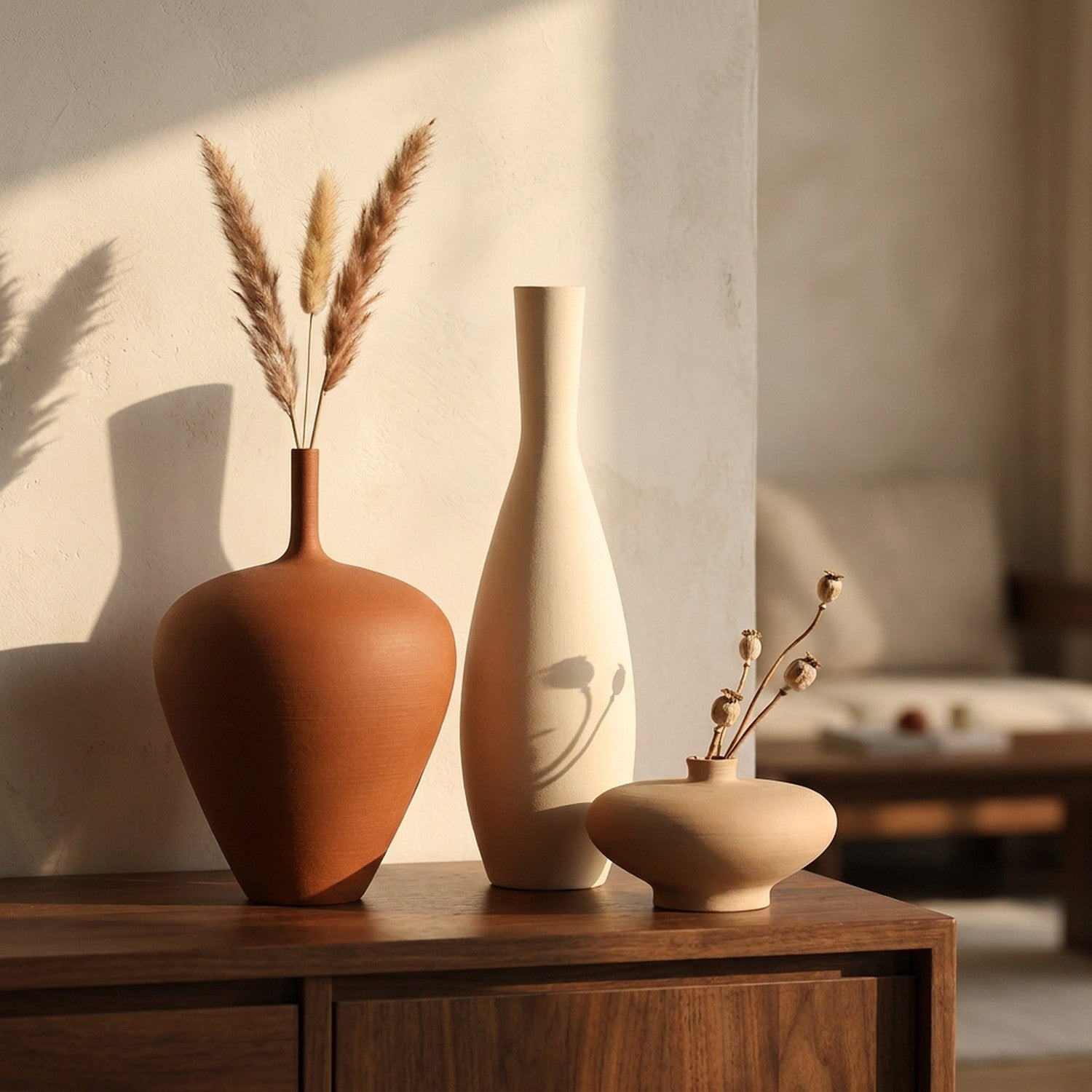 Trois vases céramique nordique terracotta et beige sur console en bois