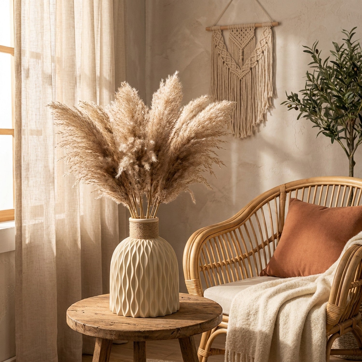 Vase beige style boho avec pampas sur table bois à côté d'un fauteuil rotin