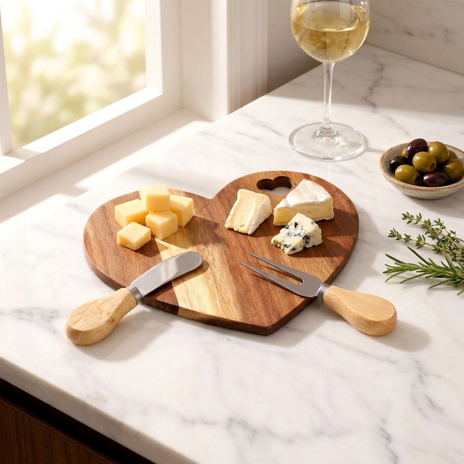 Planche apéritif cœur en bois sur plan de travail en marbre blanc avec verre de vin