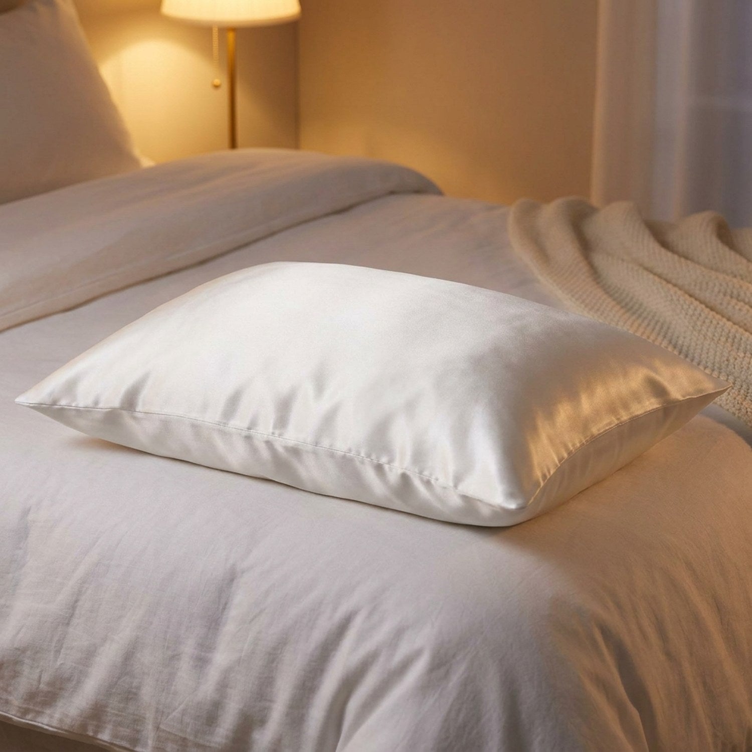 Taie d'oreiller en satin blanc sur un lit dans une chambre chaleureuse le soir