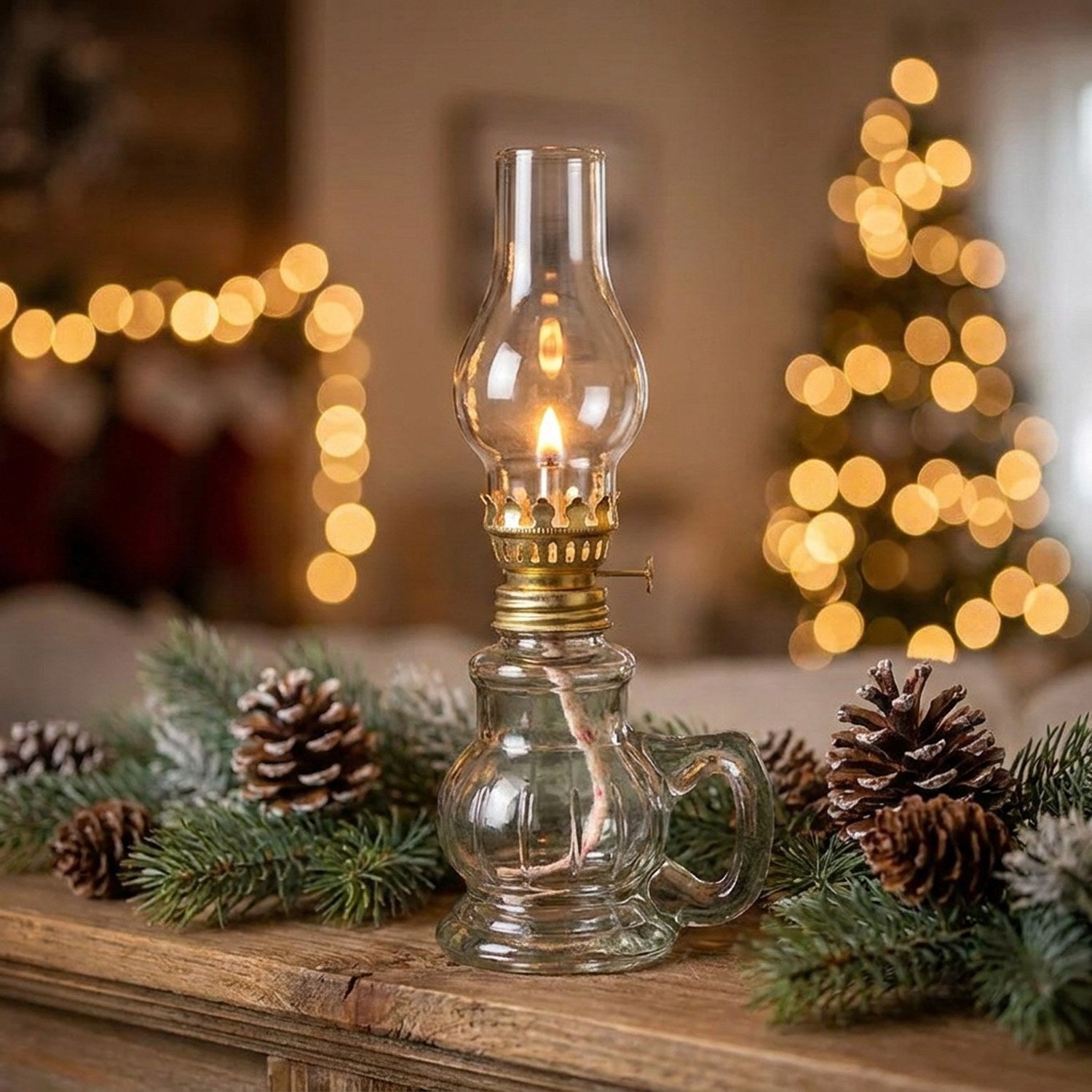 Lampe à pétrole allumée sur un manteau de cheminée décoré pour Noël