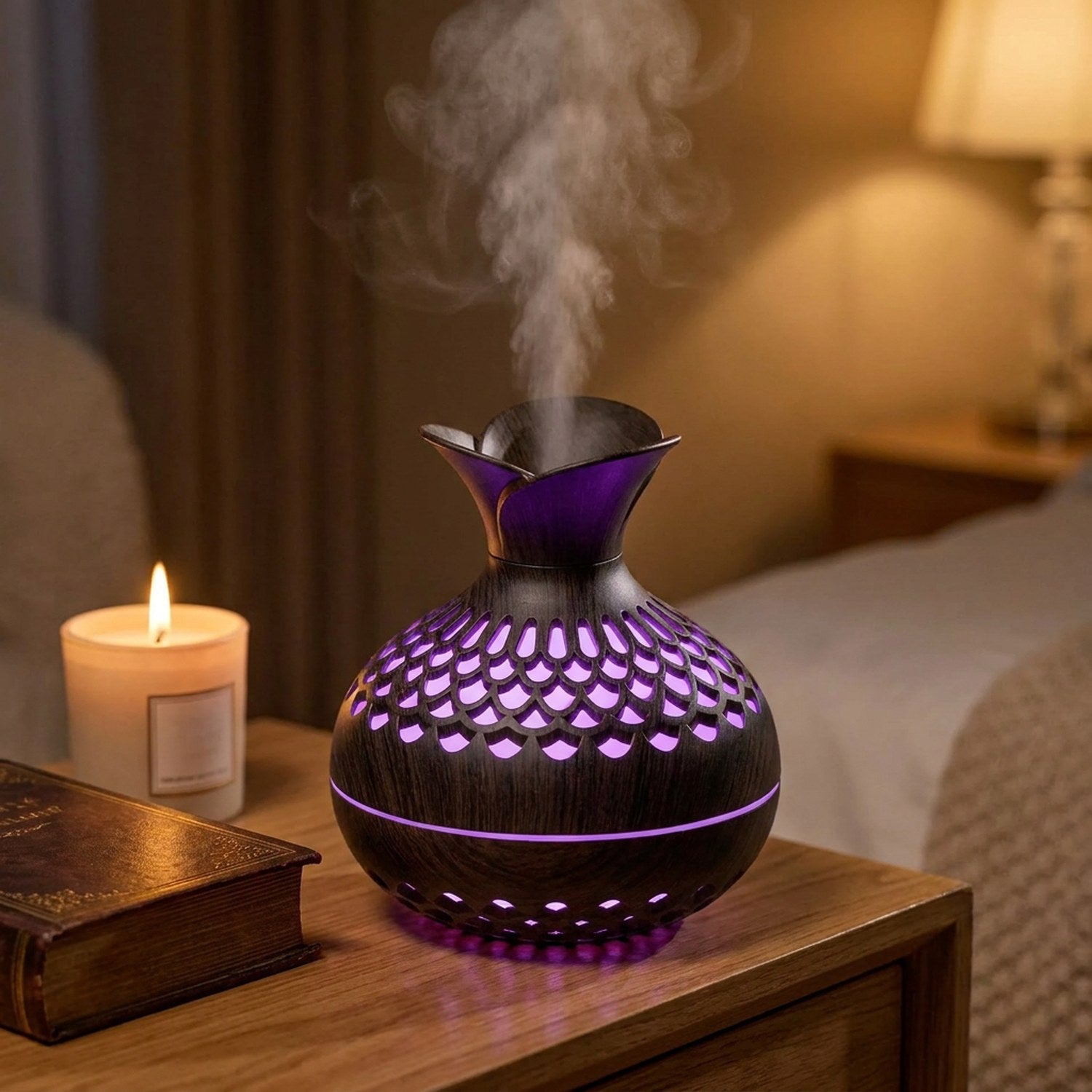 Humidificateur LED bois foncé table de nuit lumière violette