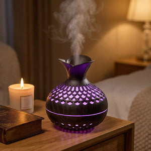 Humidificateur LED bois foncé table de nuit lumière violette